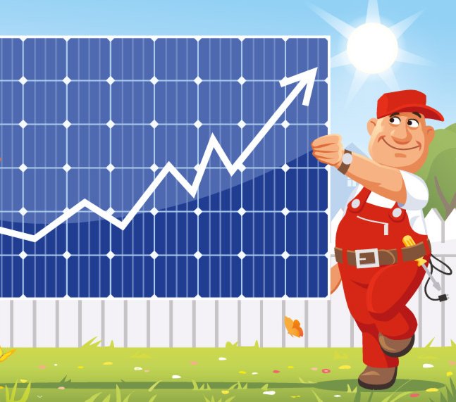Comic von einem Bauarbeiter, der ein Solarmodul in der Hand trägt