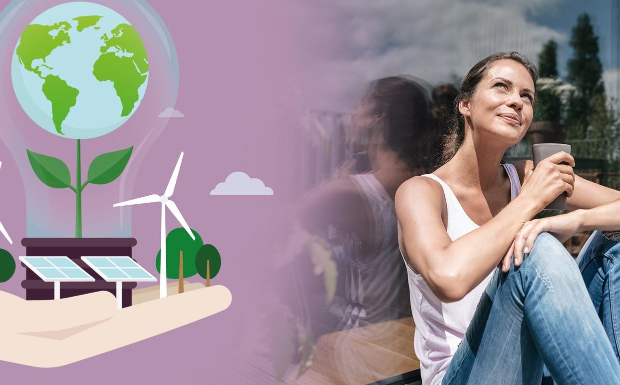 Eine Grafik mit Solar-Energie und einer Erde als Pflanze, daneben eine Frau die sitzt und nachsinnt
